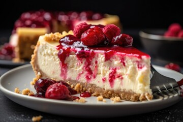 diagonal slice of cheesecake, with drizzle of raspberry sauce and sprinkle of graham cracker crumbs, created with generative ai