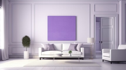 Naklejka na ściany i meble A wide, empty room with a fake, white wall. Extremely lilac purple hue. Contemporary living room decor