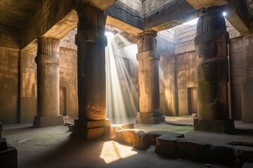 ancient ruins, with beams of sunlight shining down on the columns and walls, created with generative ai