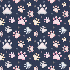 Watercolor seamless pattern. Hand painted illustration of colorful paws of dog, wolf, cat. Kitten, puppy footprints. Animal pawprint. Print on blue background for fabric textile, packaging, postcard