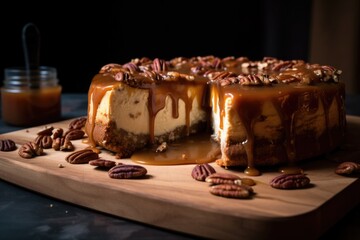 pecan and caramel cheesecake with graham cracker crust, created with generative ai