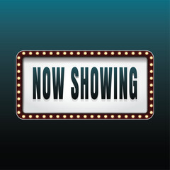 now showing cinema movie text with yellow electric bulbs frame on blue background vector illustration