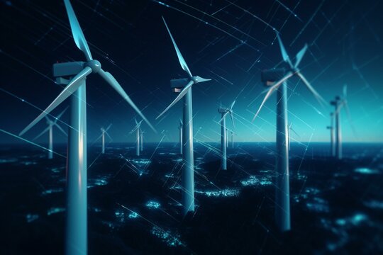 Digital windmills of clean energy on abstract dark background with blue floor. 3D rendering. Generative AI