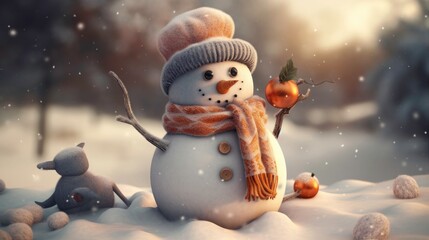 Obraz premium Cute Snowman with Carrot Nose and Scarf on Winter Composition generated by AI