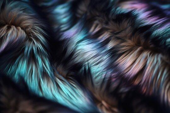 Beautiful holographic fur. Vivid, vibrant colors. Iridescent backdrop. Trendy design. Abstract background. Fluffy surface. Generative AI.