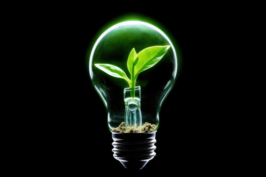 Green sprout in a light bulb, eco image, Generative AI
