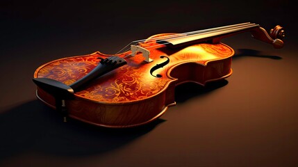 Horizontal view of a violin with a bow on a dark background generated by AI