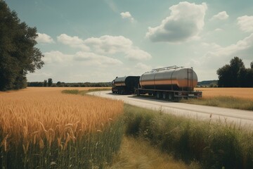 Fototapeta na wymiar A trailer carrying biofuel with a filling station set against a lush green field and clear blue sky. Generative AI