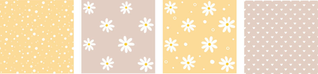 Seamless pattern with simple illustration summer daisy flower head. Vector decorative floral background