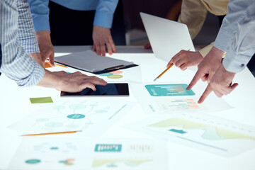 Business people, coworkers in elegant formal wear discussing fresh business ideas, profitable...