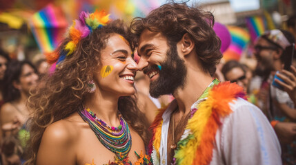Happy Generative AI Couple at LGBTQ+ Gay Pride Parade in Sao Paulo. Love and Diversity in the LGBTQ+ Community. Sao Paulo Pride Month Celebration
