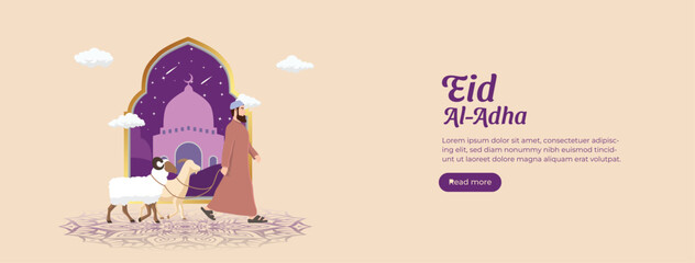 Flat Eid al adha horizontal banner template with sheep, goat and muslim man, sacrifice celebration