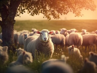 sheep grazing under a tree in a farm meadow. Generative AI 