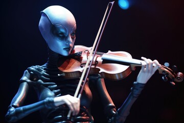 Fototapeta premium close-up of alien violinist performing at a grand concert hall, created with generative ai