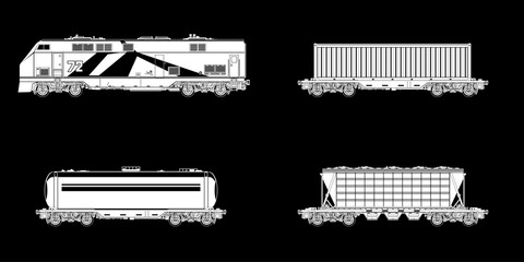 Railway freight wagons, white locomotive silhouette with wagons on a black background, car the tank, hopper car and container platforms, vector illustration