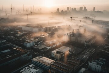 heavy smog hanging over busy industrial area, with smoke and steam rising from the factories, created with generative ai