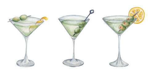 Watercolor set of illustrations. Hand painted green cocktails in matrini glass with green olives, slice of lemon, peel. Alcohol beverage drink. Dirty martini. Dry martini. Isolated clip art for menus