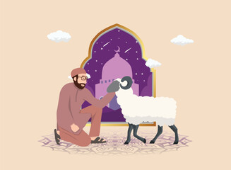 Muslim man with goat for eid al adha vector illustration background