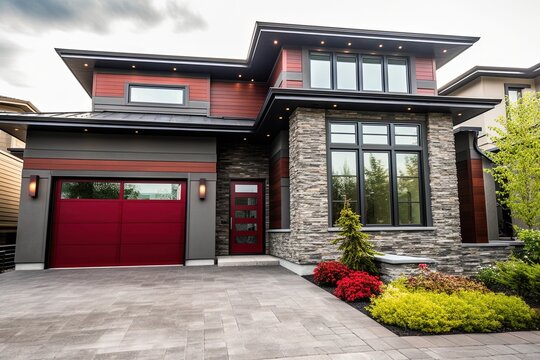 Modern Aesthetic: New Construction House with Double Garage, Red Siding, and Natural Stone Embellishments, generative AI