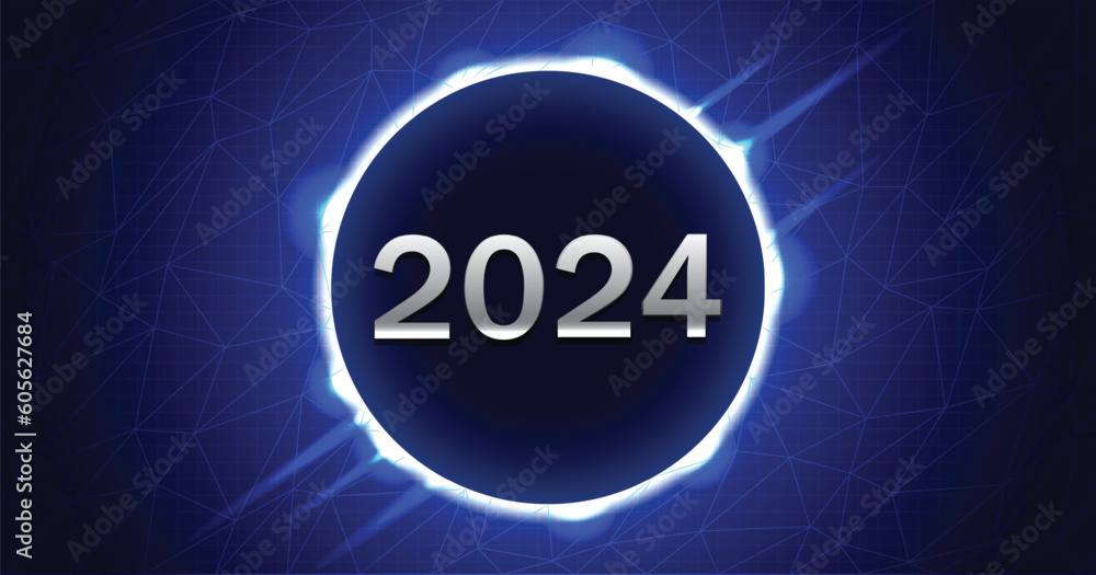 Poster New Year 2024 Technology background. Dark blue low poly triangle connection New Year 2024 design background with sparkling glow effect.