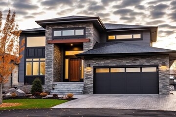 Modern Double Garage House with Aesthetic Dark Gray Siding and Natural Stone Embellishments: A New Construction Design, generative AI