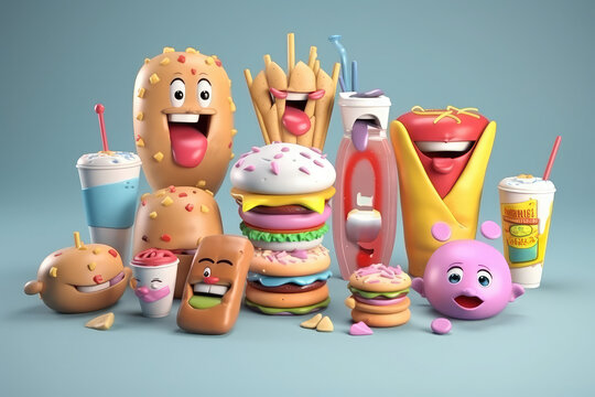 Cartoon Fast Food, Happy 3D Collection, generative AI