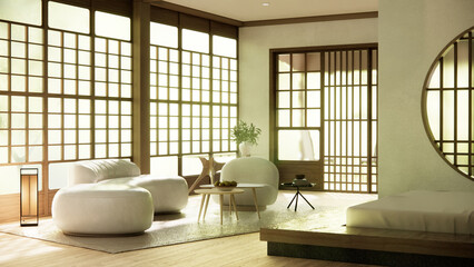 Fototapeta na wymiar Minimalist japandi style living room decorated with sofa.