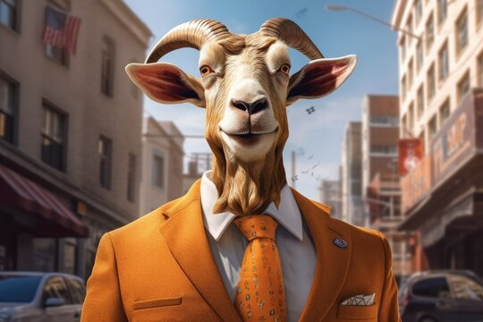 An anthropomorphized goat dressed as a businessman in golden tones, with orange and beige colors. Generative AI