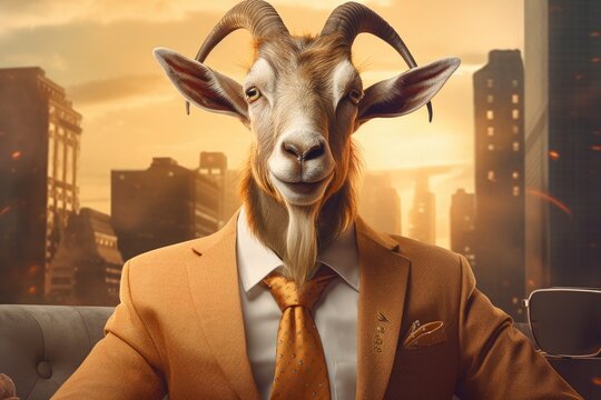 An anthropomorphized goat dressed as a businessman in golden tones, with orange and beige colors. Generative AI