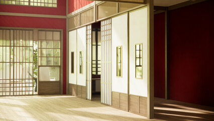 Red room is spacious design of the Japanese style  And light in natural tones.