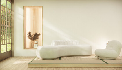 Minimalist japandi style living room decorated with sofa.
