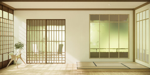 Nihon room design interior with door paper and wall on tatami mat floor room japanese style.