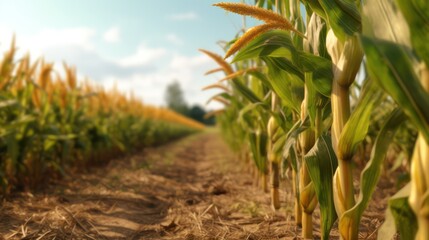 cornfield. even rows of corn on the farm. Generative AI 