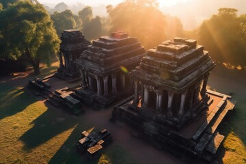 drone view of ancient temple, with sun shining down on the stone structures, created with generative ai