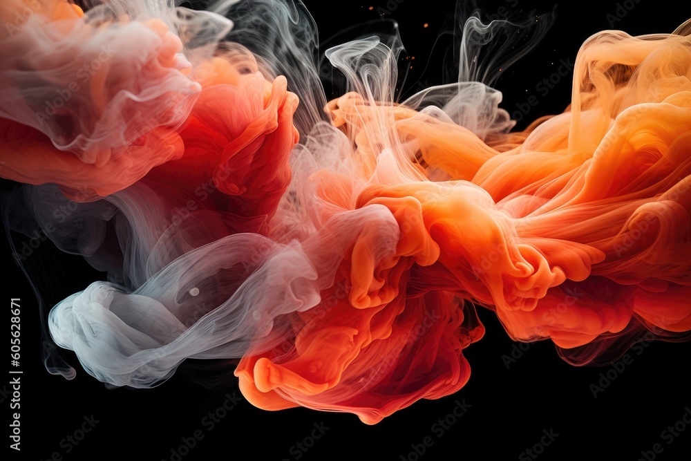 Wall mural elegant background of two orange, white, and red smokes flowing on a black backdrop, in the style of