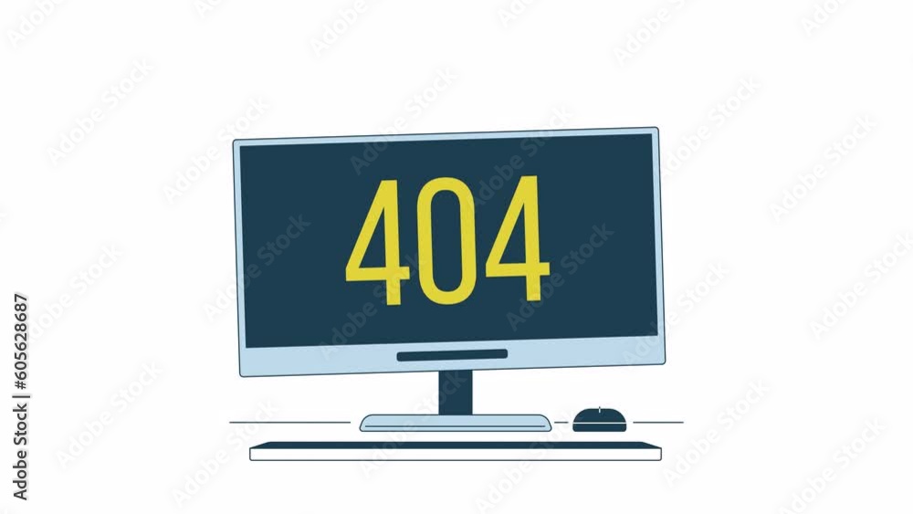 Poster broken monitor 404 error animation. damaged computer. empty state 4k video concept footage with alph