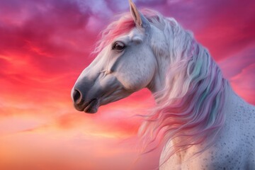 Obraz na płótnie Canvas Fantasy portrait of a white horse in a colorful sunset with a rainbow, light shades of white and pink. Generative AI