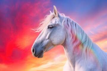 Fototapeta na wymiar Fantasy portrait of a white horse in a colorful sunset with a rainbow, light shades of white and pink. Generative AI