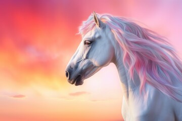 Fantasy portrait of a white horse in a colorful sunset with a rainbow, light shades of white and pink. Generative AI