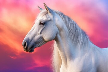 Naklejka na ściany i meble Fantasy portrait of a white horse in a colorful sunset with a rainbow, light shades of white and pink. Generative AI