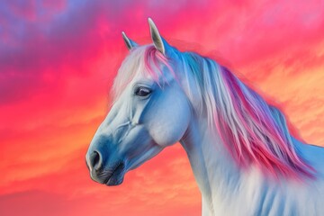 Plakat Fantasy portrait of a white horse in a colorful sunset with a rainbow, light shades of white and pink. Generative AI