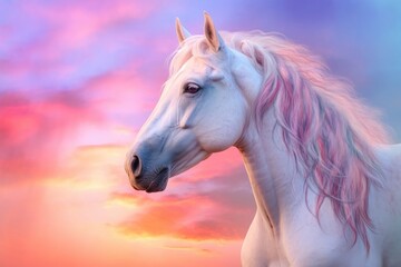 Fantasy portrait of a white horse in a colorful sunset with a rainbow, light shades of white and pink. Generative AI