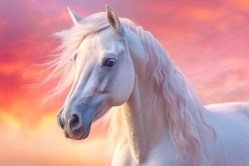 Obraz na płótnie Canvas Fantasy portrait of a white horse in a colorful sunset with a rainbow, light shades of white and pink. Generative AI