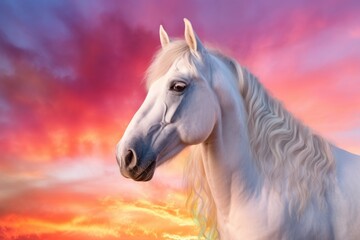 Plakat Fantasy portrait of a white horse in a colorful sunset with a rainbow, light shades of white and pink. Generative AI