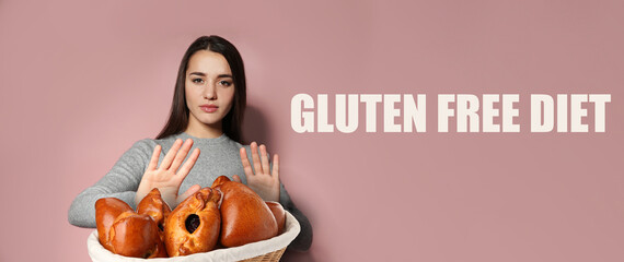 Gluten free diet. Woman refusing from wicker basket with pastries on dusty pink background, banner design