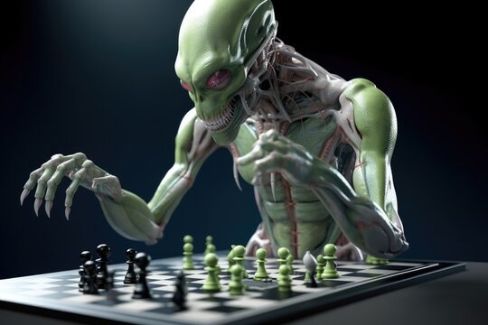alien athlete competing in high-stakes game of chess, created with generative ai