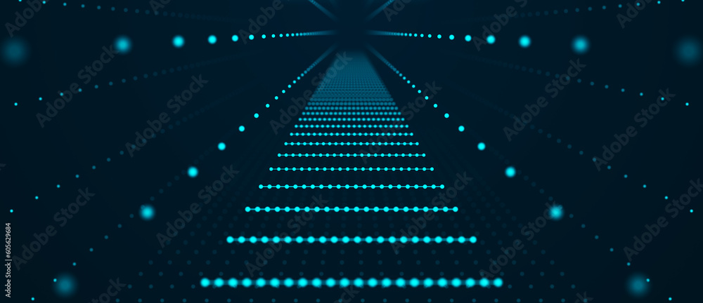 Fototapete Abstract tunnel of dots. Abstract gradient dynamic wave of glowing particles. Network of neon dots. Big data. Digital background. 3D wormhole with a mesh structure. Vortex. 3d rendering