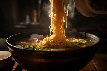 close-up of slurping ramen, with steam rising from the hot broth, created with generative ai - obrazy, fototapety, plakaty