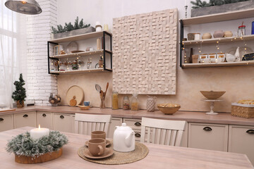 Kitchen interior with festive decor. Christmas celebration
