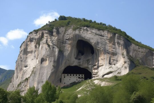 mountain with huge cave-in, showing the interior of the mountain and its geological structure, created with generative ai